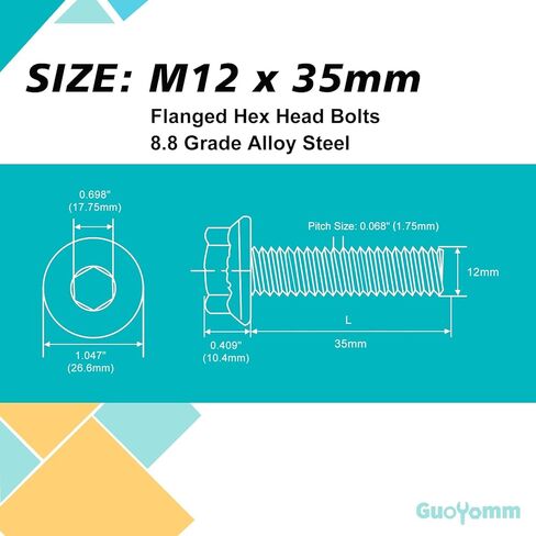 M12 x 35mm 6pcs Flanged Hex Head Bolts, M12 x 1.75 Bolts, Flange Hexagon Head Screws, 8.8 Grade Alloy Steel, Yellow Zinc Plated, Metric Fully Thread in Kuwait