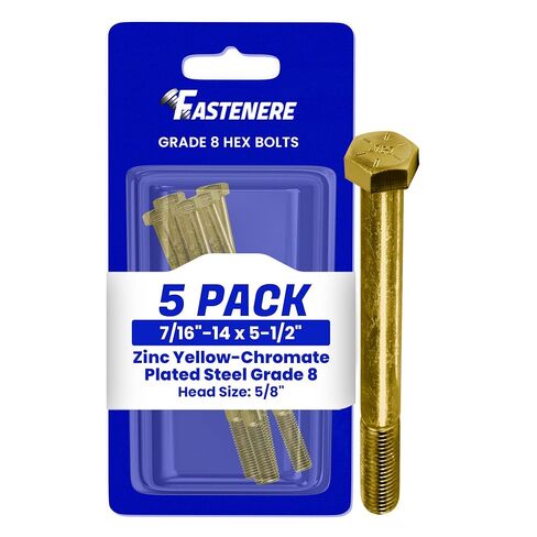 مسامير سداسية من Fastenere مقاس 7/16 بوصة - 14 × 5-1/2 بوصة من الفولاذ المطلي بالكروم الأصفر والزنك من الدرجة 8، مسامير سداسية متينة ملولبة جزئيًا للآلات والبناء، مقاومة للصدأ، مثبتات شديدة التحمل، عبوة من 5 قطع in Saudi Arabia
