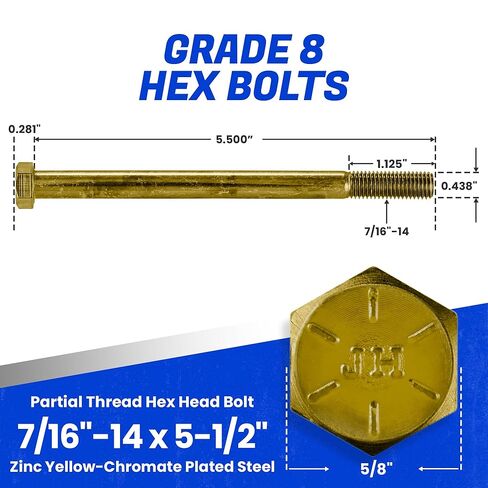 مسامير سداسية من Fastenere مقاس 7/16 بوصة - 14 × 5-1/2 بوصة من الفولاذ المطلي بالكروم الأصفر والزنك من الدرجة 8، مسامير سداسية متينة ملولبة جزئيًا للآلات والبناء، مقاومة للصدأ، مثبتات شديدة التحمل، عبوة من 5 قطع in Saudi Arabia