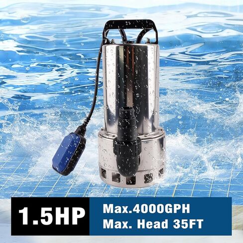 1.5HP 4000GPH Sump Pump, Portable Submersible Water Pump with Float Switch, High Flow Water Removal for Pool Draining Hot Tub Basement Garden with 16.4ft Power Cord, Stainless Steel in Saudi Arabia