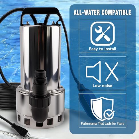 1.5HP 4000GPH Sump Pump, Portable Submersible Water Pump with Float Switch, High Flow Water Removal for Pool Draining Hot Tub Basement Garden with 16.4ft Power Cord, Stainless Steel in Saudi Arabia