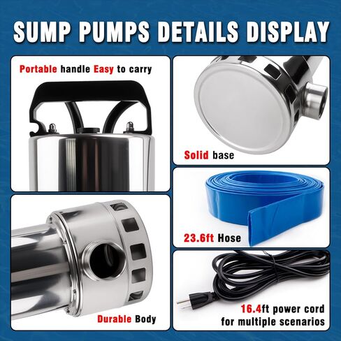 1.5HP 4000GPH Sump Pump, Portable Submersible Water Pump with Float Switch, High Flow Water Removal for Pool Draining Hot Tub Basement Garden with 16.4ft Power Cord, Stainless Steel in Saudi Arabia