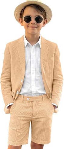 Boys Seersucker Shorts Suit Slim Fit Blazer Jacket Shorts Set Kids Summer Beach Wedding Prom Tuxedo Suits in Kuwait