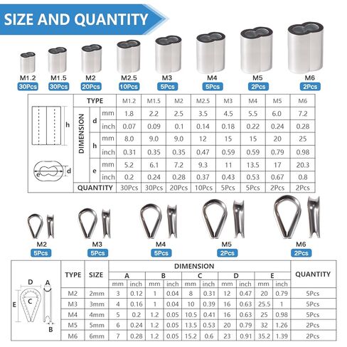 حبل أسلاك الفولاذ المقاوم للصدأ الكشتبانات 5 حجم M2 إلى M6 الألومنيوم العقص حلقة كم 8 حجم 3/64-1/4 بوصة لسلك حبل كابل كشتبان تزوير in Kuwait