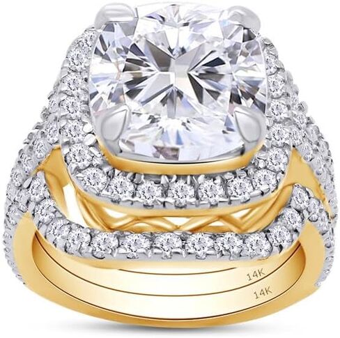 Savearth Diamonds Cushion & Round Cut Lab التي تم إنشاؤها من الماس Moissanite خاتم الخطوبة وفرقة زفاف مزدوجة هالو هالة ، نطاقات زفاف في الذهب الصلب 10K/14K (3.50 CTTW ، G-H/VVS1) هدية المجوهرات in Saudi Arabia