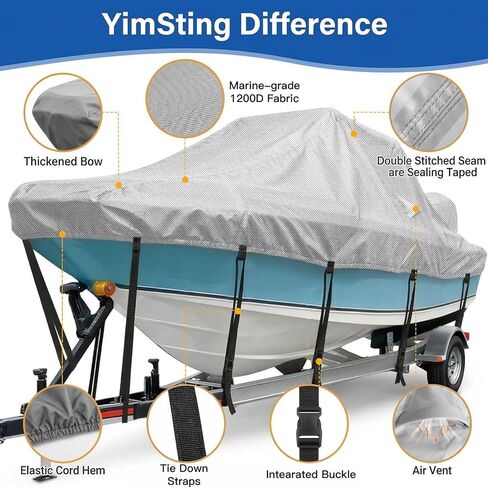 غطاء قارب T Top بطول 20-22 قدم لقوارب وحدة التحكم المركزية، غطاء علوي صلب مقاوم للماء بقوة 1200D مع غطاء محرك و15 حزام مقاوم للرياح، يناسب قوارب السقف T-Top حتى 106 بوصة، رمادي in Kuwait