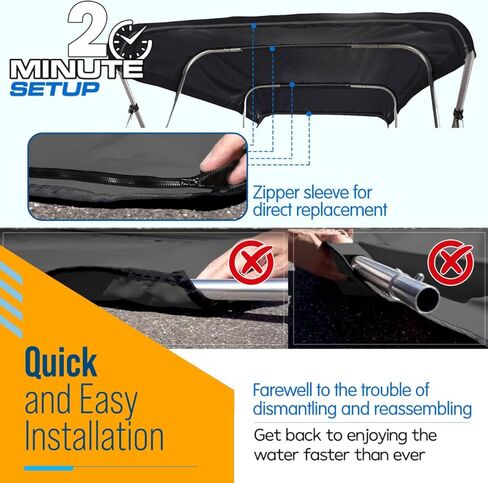 غطاء بديل علوي Seamander 3 Bow/ 4 Bow Bimini، مظلة قارب من القماش المقاوم للماء، أكمام بسحاب سهلة التركيب وفتحة خفيفة بدون إطار، 3 أقواس أزرق/رمادي 6'L 85"-90" W in Kuwait