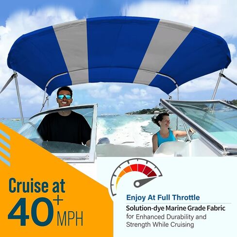غطاء بديل علوي Seamander 3 Bow/ 4 Bow Bimini، مظلة قارب من القماش المقاوم للماء، أكمام بسحاب سهلة التركيب وفتحة خفيفة بدون إطار، 3 أقواس أزرق/رمادي 6'L 85"-90" W in Kuwait