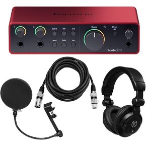 واجهة USB من Focusrite Scarlett 2i2 الجيل الرابع مع مجموعة برامج، حزمة مع سماعات رأس Baco Studio المغلقة وكابل ميكروفون XLR مقاس 15 بوصة، وفلتر بوب مع عنق الإوز (4 عناصر) in Kuwait
