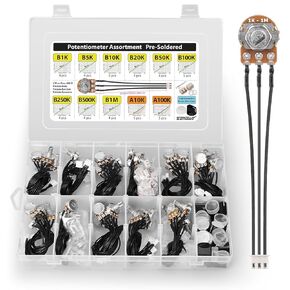 Potentiometer Assortment pre-Wired B1K B5K B10K B20K B50K B100K B250K B500K B1M (Linear) A10K A100K (Audio Log) prefabed, pre-soldered incl. Knobs, Dust Seals, 3-pin 0.1 inch Connectors, 48 pcs in Kuwait