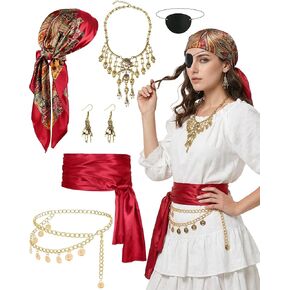 Pirate Costume Accessories Set for Women Men 6pcs Pirate Headscarf Sash Waist Chain Necklace Earrings in Kuwait