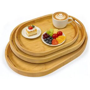 3 Pack Bamboo Serving Trays with Handles, Breakfast Tray, Portable Food Tray, Stackable, 3 Sizes for Dining, Working and Storage, Ideal for Bedroom, Kitchen, Living Room, Bathroom and Outdoors Use in Kuwait