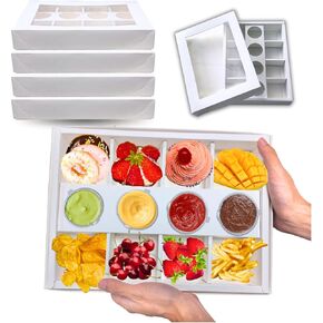 صندوق نزهة مكون من 8 أقسام مع أغطية 10 قطع، صندوق صينية تقديم من الورق المقوى الأبيض المقسم مع حامل كاتشب لـ 4-8 أشخاص مقاس 12.5 × 9.3 × 2 بوصة in Kuwait