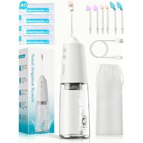 Nasal Irrigation System 300ml Tank with 6 Nozzles & 40 Salt Packets, Cordless Electric Nasal Rinse Machine for Sinus Relief & Allergies, Neti Pot with Customizable DIY Mode for Adult & Kid IPX7 in Kuwait