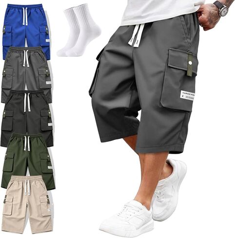Men's 3/4 Length Cargo Shorts Below Knee - Elastic Waist Capri Pants with Pockets, Quick Dry Hiking Shorts in Saudi Arabia