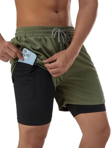 Men's 2-in-1 Running Shorts with Phone Pockets - Quick Dry Gym & Workout Shorts for Athletic Men in Saudi Arabia