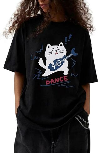 Women's Vintage T-Shirt Y2K Cat Graphic Harajuku Tee Tops Grunge Streetwear Clothes Baggy Cute Emo Cotton Shirts in Saudi Arabia