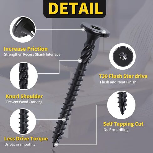 مسامير خشبية هيكلية #14 × 2-7/8 بوصة 55 قطعة، FIXLINK رأس غاطس مسطح T30 نجمة محرك، براغي سطح خارجي شديدة التحمل، مقاومة للصدأ للأخشاب/التأطير/المناظر الطبيعية، أسود in Kuwait