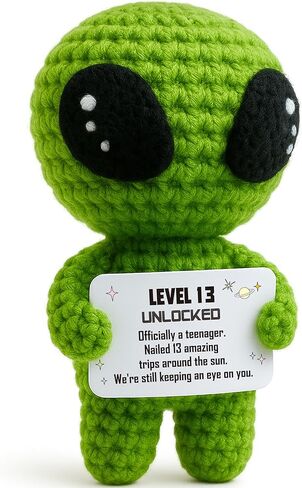 Happy 13th Birthday Milestone Keepsake – Handmade Crochet Alien Plush Doll with Funny Official Teenager Positive Affirmation Message Card – 13 Years Old Gift for Son, Daughter, Friend, or Grandchild in Kuwait