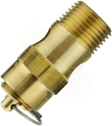 250-38-25 صمام تخفيف أمان ضاغط الهواء - لخزانات ضاغط الهواء كونرادر والأنظمة الهوائية - 25 رطل لكل بوصة مربعة 3/8 بوصة ذكر NPT 31 SCFM طول الصمام: 1-3/4 بوصة هيكل من النحاس الصلب ذهبي in Kuwait