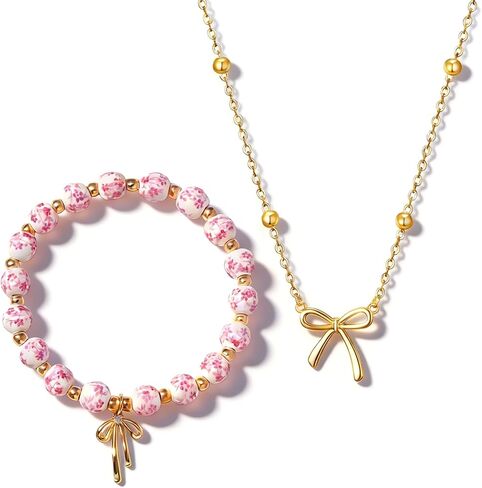 4PCS Beads Bow Charm Bracelet Necklace and Earrings Set for Women, Dainty Flower Stretch Bracelet Necklace Coquette Romantic Jewelry Christmas Gifts in Kuwait