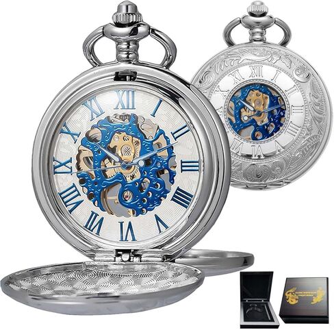 Skeleton Pocket Watches Mechanical Roman Numerals Dial with Box and Chains for Mens Women in Kuwait