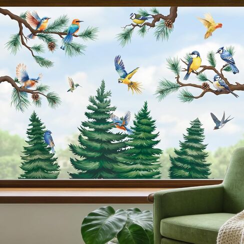 SHUCHING Winter Pine Tree Bird Window Sticker, Christmas Tree Branch Window Clings for Glass, Double Sided Static Sticker for Holiday Party in Kuwait
