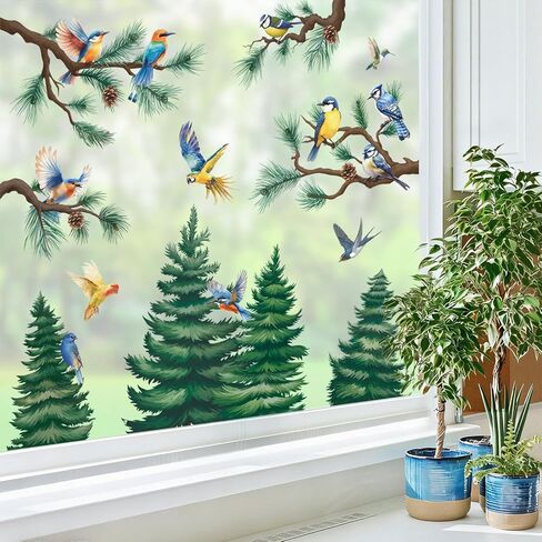 SHUCHING Winter Pine Tree Bird Window Sticker, Christmas Tree Branch Window Clings for Glass, Double Sided Static Sticker for Holiday Party in Kuwait