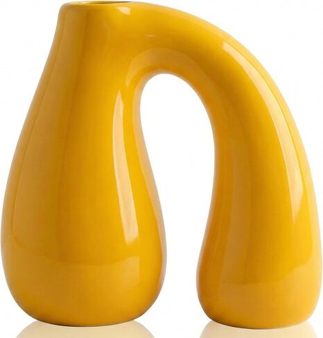 Yellow Ceramic Vase – Glossy Modern Sculptural Décor, Arch Handle Artistic Design, Bright Accent for Living Room, Shelf, or Table (7.5 in, Holds Water) in Saudi Arabia
