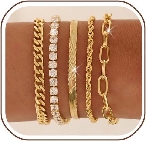 Gold Bracelets for Women 14K Gold Plated Stack Trend Bracelets Charm Paperclip Chain Cuban Link Layered Waterproof Bracelet Dainty Bracelet for Women Jewelry Gifts in Saudi Arabia
