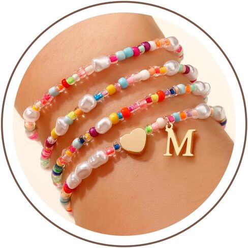 Colorful Initial Bracelets for Girls - 4PCS Gold Stretchable Boho Beaded Pearl Heart Initial Bracelets for Women Teen Girl Gifts Trendy Stuff Cute Stackable Kids Jewelry Set Birthday Gifts in Kuwait