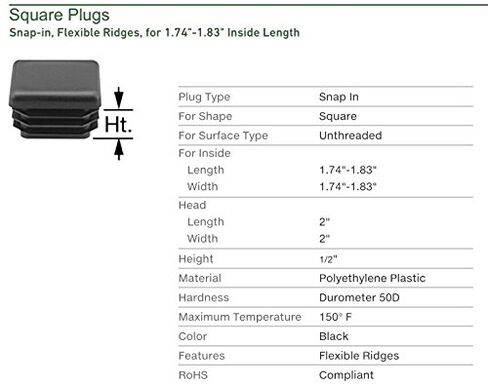 (عبوة من قطعتين) - قابس أنابيب بلاستيكي أسود مربع مقاس 2 بوصة، غطاء طرفي 2 بوصة 2 بوصة × 2 بوصة - 10-14 جيجا (1.74 بوصة - 1.83 بوصة معرف) إدراج غطاء أنبوبي من الصلب لسياج ما بعد الأنبوب | - أغطية نهاية لمعدات اللياقة البدنية in Kuwait