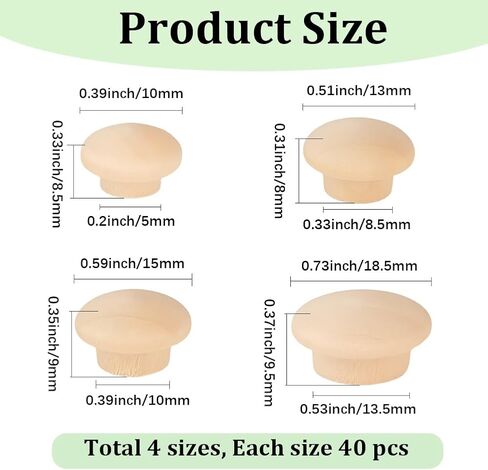 GORGECRAFT 160Pcs 4 Styles Wood Plugs 2/5, 1/2, 3/5, 3/4 Inch Wooden Screw Hole Plugs Button Stoppers Mushroom Hardwood Hole Stoppers for Gaps in Locking Tube Furniture Table Chair Legs Cabinet in Kuwait
