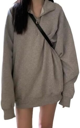 Women's Quarter Zip Sweatshirt - Casual Stand Collar Pullover with Trendy Drop Shoulder Design in Saudi Arabia