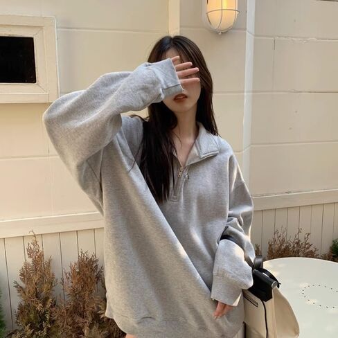 Women's Quarter Zip Sweatshirt - Casual Stand Collar Pullover with Trendy Drop Shoulder Design in Saudi Arabia