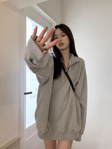 Women's Quarter Zip Sweatshirt - Casual Stand Collar Pullover with Trendy Drop Shoulder Design in Saudi Arabia