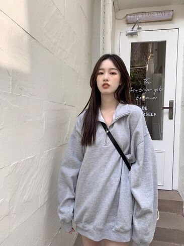 Women's Quarter Zip Sweatshirt - Casual Stand Collar Pullover with Trendy Drop Shoulder Design in Saudi Arabia