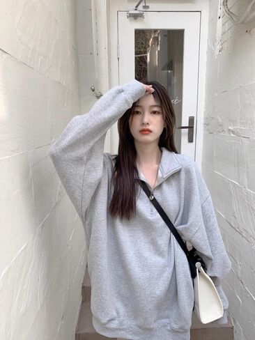 Women's Quarter Zip Sweatshirt - Casual Stand Collar Pullover with Trendy Drop Shoulder Design in Saudi Arabia
