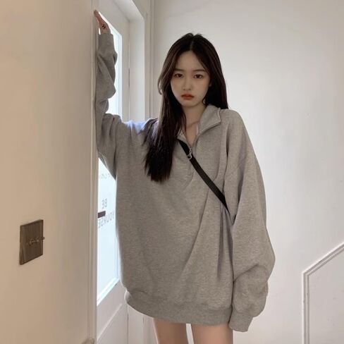 Women's Quarter Zip Sweatshirt - Casual Stand Collar Pullover with Trendy Drop Shoulder Design in Saudi Arabia