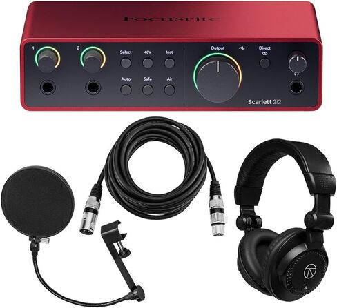 واجهة USB من Focusrite Scarlett 2i2 الجيل الرابع مع مجموعة برامج، حزمة مع سماعات رأس Baco Studio المغلقة وكابل ميكروفون XLR مقاس 15 بوصة، وفلتر بوب مع عنق الإوز (4 عناصر) in Kuwait