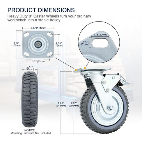 8 Inch Caster Wheels Heavy Duty Casters Set (2 Swivel with Brake, 2 Fixed No Brake), 1600kg/3500LBS Total Capacity Industrial Plate Caster for Workbench, Cart, Trolley, Warehouse Equipment in Kuwait