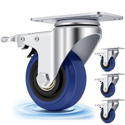 Nefish 4 Inch Soft Rubber Casters, Blue Heavy Duty Castors Wheels, Durable Furniture Caster with Brake 1800 LBS, Plate Swivel Industrial Grade Cart Wheel for Road Case, Dollies, Equipment, Machine in Saudi Arabia