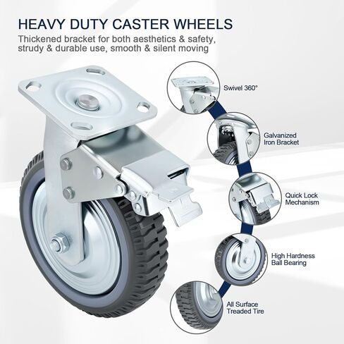 8 Inch Caster Wheels Heavy Duty Casters Set (2 Swivel with Brake, 2 Fixed No Brake), 1600kg/3500LBS Total Capacity Industrial Plate Caster for Workbench, Cart, Trolley, Warehouse Equipment in Kuwait