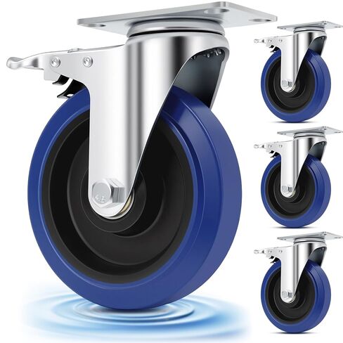 Nefish 4 Inch Soft Rubber Casters, Blue Heavy Duty Castors Wheels, Durable Furniture Caster with Brake 1800 LBS, Plate Swivel Industrial Grade Cart Wheel for Road Case, Dollies, Equipment, Machine in Saudi Arabia