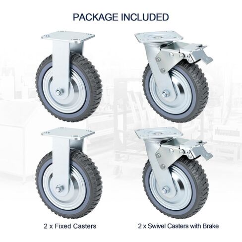 8 Inch Caster Wheels Heavy Duty Casters Set (2 Swivel with Brake, 2 Fixed No Brake), 1600kg/3500LBS Total Capacity Industrial Plate Caster for Workbench, Cart, Trolley, Warehouse Equipment in Kuwait
