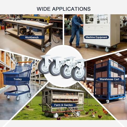 8 Inch Caster Wheels Heavy Duty Casters Set (2 Swivel with Brake, 2 Fixed No Brake), 1600kg/3500LBS Total Capacity Industrial Plate Caster for Workbench, Cart, Trolley, Warehouse Equipment in Kuwait