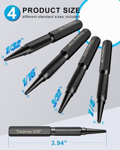 مجموعة خرامة أظافر وخرامة مركزية مكونة من 4 قطع، فولاذ Cr-V مقوى مع مقبض مخرش مانع للانزلاق، 3/32 بوصة، 1/32 بوصة، أداة ضبط أظافر 1/16 بوصة وأداة ثقب مركزية 1/8 بوصة للمعادن/أعمال الخشب، أسود in Kuwait
