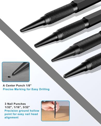 مجموعة خرامة أظافر وخرامة مركزية مكونة من 4 قطع، فولاذ Cr-V مقوى مع مقبض مخرش مانع للانزلاق، 3/32 بوصة، 1/32 بوصة، أداة ضبط أظافر 1/16 بوصة وأداة ثقب مركزية 1/8 بوصة للمعادن/أعمال الخشب، أسود in Kuwait