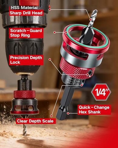 مجموعة لقم الثقب الغاطسة 7 قطع، 4 قطع لقم الثقب المدبب ذات أربعة فلوت HSS M2 وطوق إيقاف العمق قابل للتعديل، لقمة غاطسة خشبية مع مفتاح ربط لأعمال النجارة 82 درجة، والخشب الرقائقي وMDF DIY in Kuwait