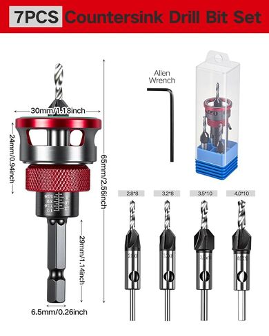 مجموعة لقم الثقب الغاطسة 7 قطع، 4 قطع لقم الثقب المدبب ذات أربعة فلوت HSS M2 وطوق إيقاف العمق قابل للتعديل، لقمة غاطسة خشبية مع مفتاح ربط لأعمال النجارة 82 درجة، والخشب الرقائقي وMDF DIY in Kuwait